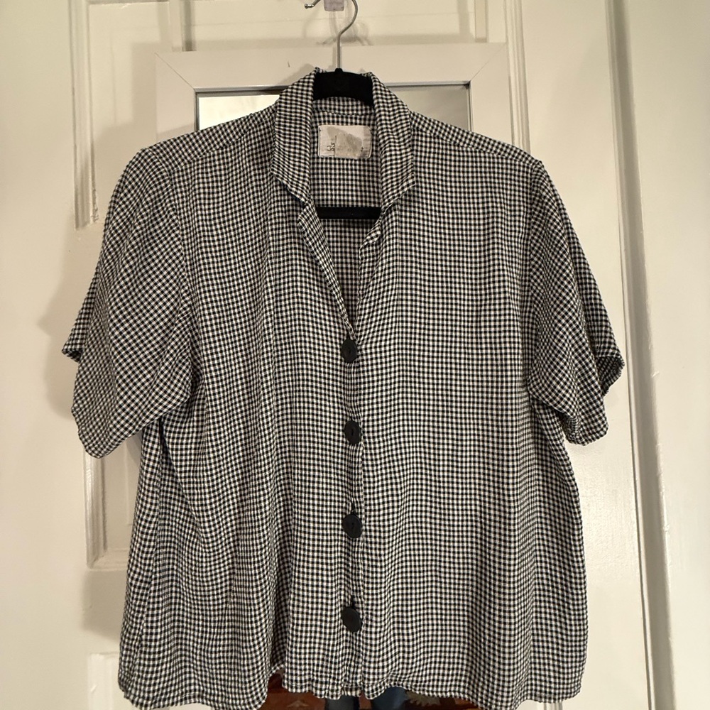 Vintage FLAX by Jeanne Engelhart rayon black and white check blouse